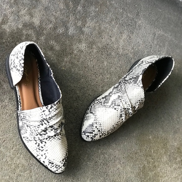 Qupid Shoes - 1 left! Qupid Tuxedo Python Snake Open Side Flat